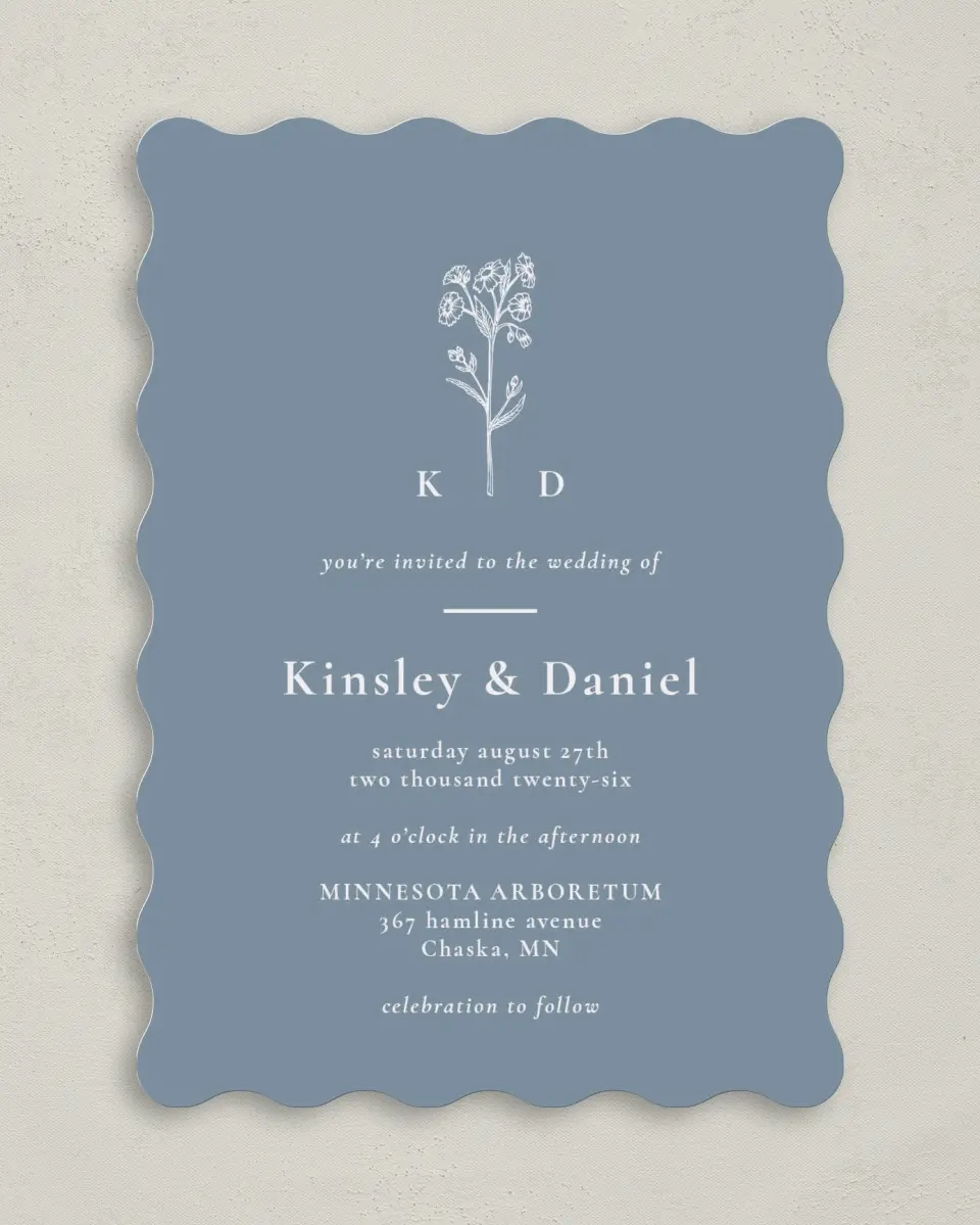 This is a 5" x 7" Wavy Wedding Invitation called Fine Floret printed in full color on Premium Smooth paper