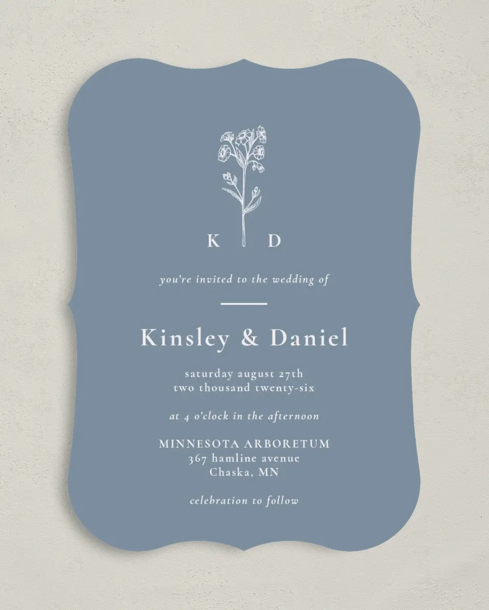 This is a 5" x 7" Bracket Wedding Invitation called Fine Floret printed in full color on Premium Smooth paper