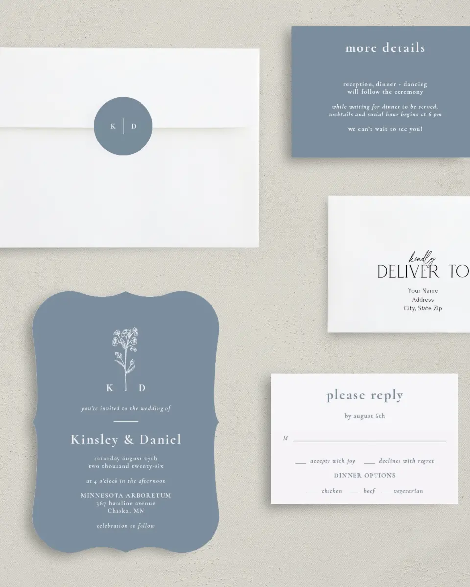 This is a 5" x 7" Bracket Wedding Invitation called Fine Floret printed in full color with Silver foil on Luxe Satin (coated) paper