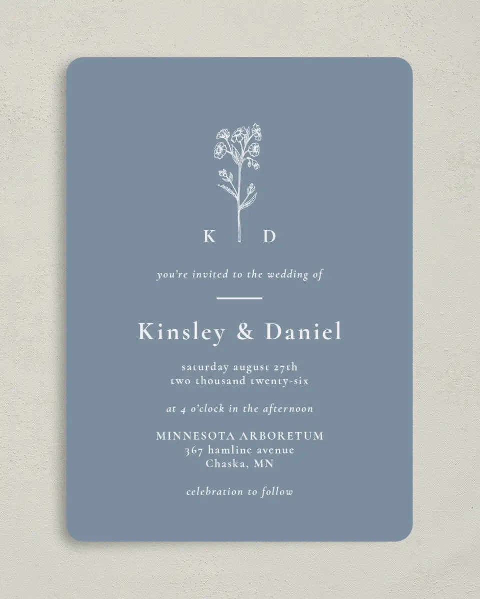 This is a 5" x 7" Rounded Wedding Invitation called Fine Floret printed in full color on Premium Smooth paper
