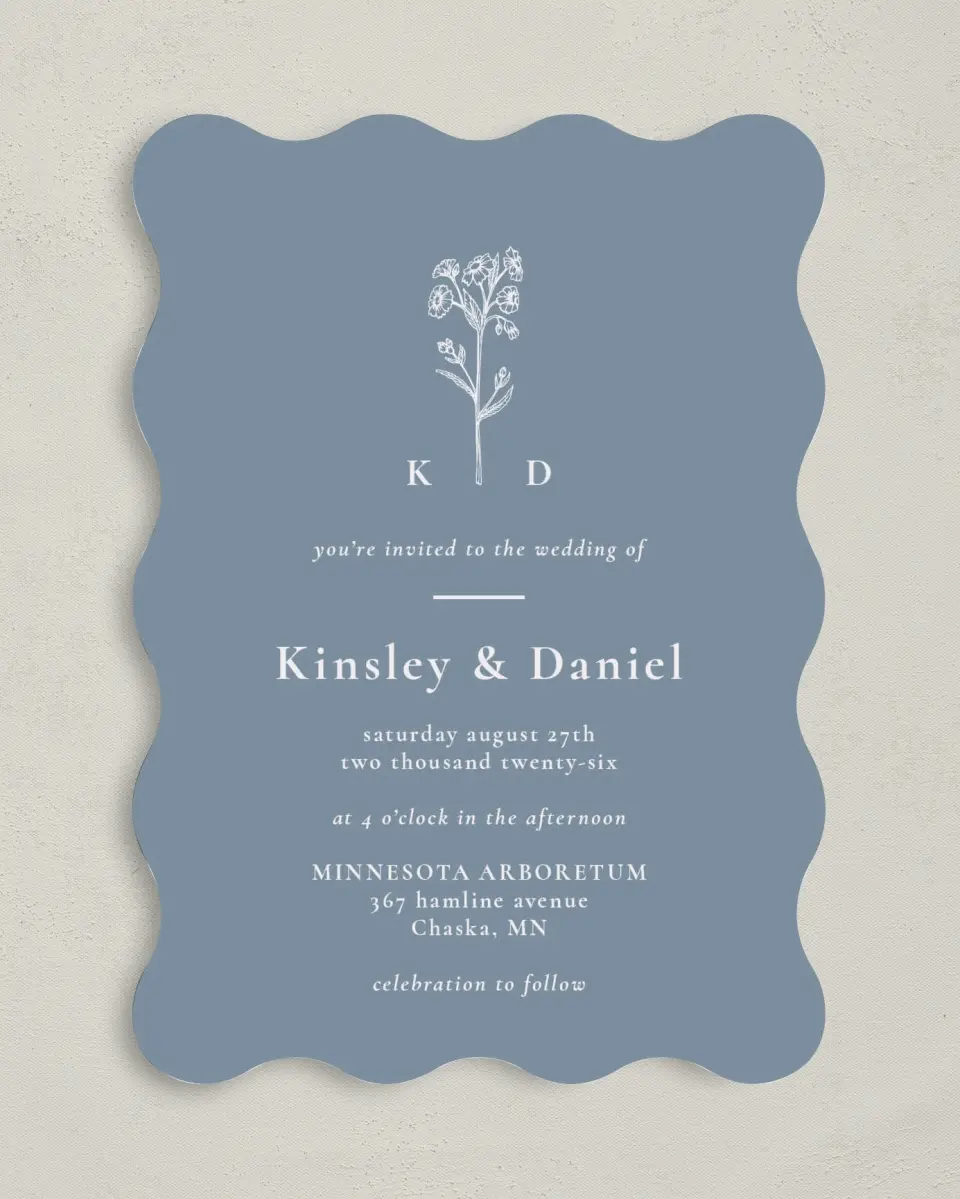 This is a 5" x 7" Wavy Wedding Invitation called Fine Floret printed in full color on Premium Smooth paper