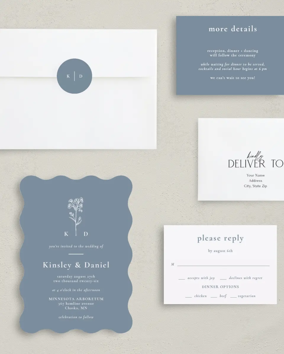 This is a 5" x 7" Wavy Wedding Invitation called Fine Floret printed in full color with Silver foil on Luxe Satin (coated) paper