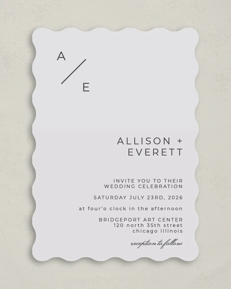 This is a 5" x 7" Wavy Wedding Invitation called Initial Hush printed in full color on Premium Smooth paper