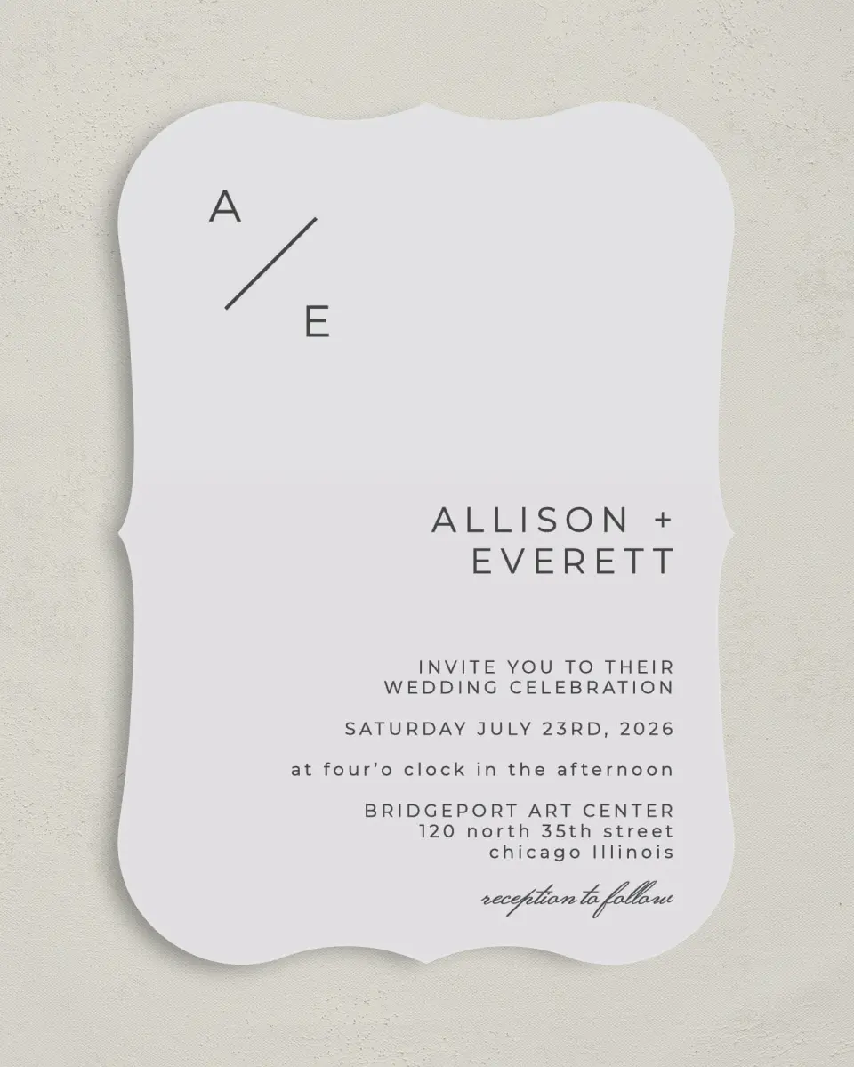 This is a 5" x 7" Bracket Wedding Invitation called Initial Hush printed in full color on Premium Smooth paper