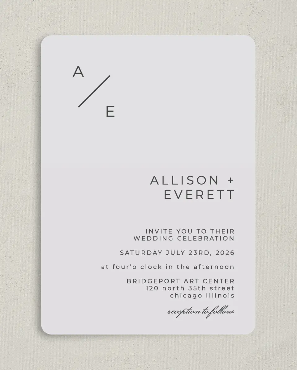 This is a 5" x 7" Rounded Wedding Invitation called Initial Hush printed in full color on Premium Smooth paper