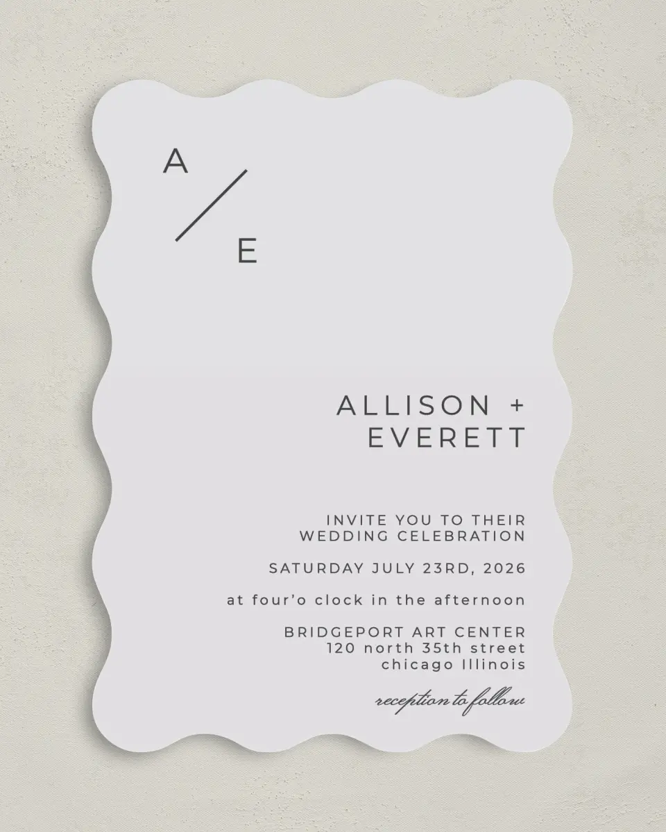 This is a 5" x 7" Wavy Wedding Invitation called Initial Hush printed in full color on Premium Smooth paper