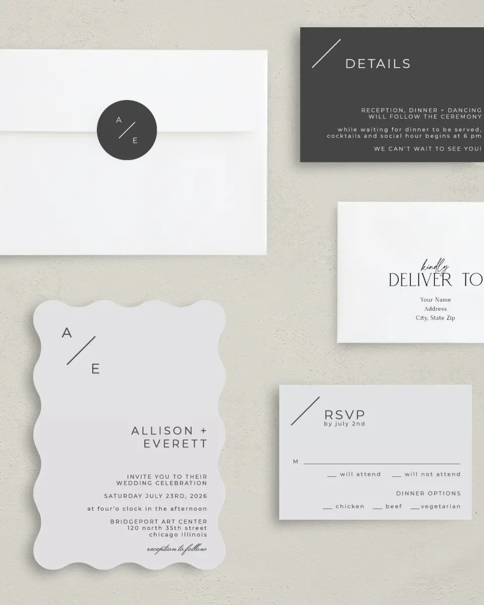 This is a 5" x 7" Wavy Wedding Invitation called Initial Hush printed in full color with Silver foil on Luxe Satin (coated) paper