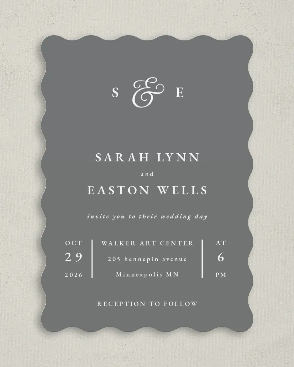 This is a 5" x 7" Wavy Wedding Invitation called Heavenly Harmony printed in full color on Premium Smooth paper