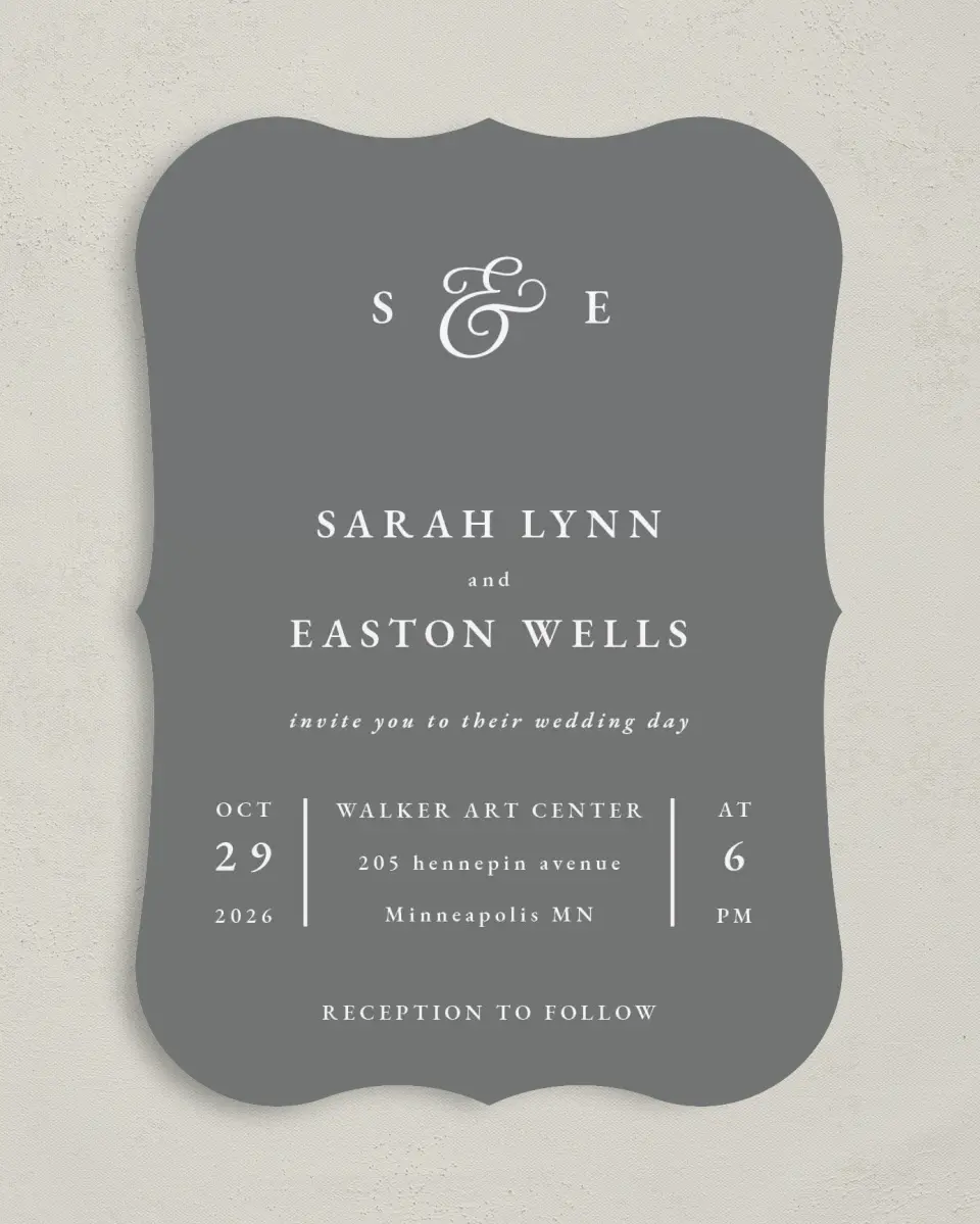 This is a 5" x 7" Bracket Wedding Invitation called Heavenly Harmony printed in full color on Premium Smooth paper