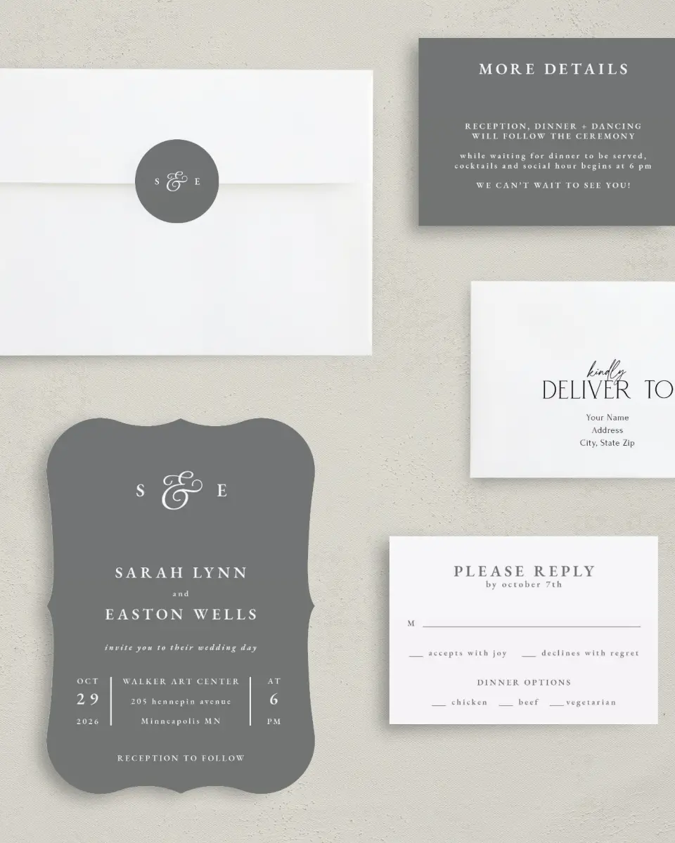 This is a 5" x 7" Bracket Wedding Invitation called Heavenly Harmony printed in full color with Silver foil on Luxe Satin (coated) paper