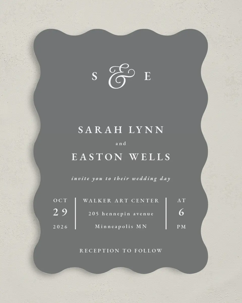 This is a 5" x 7" Wavy Wedding Invitation called Heavenly Harmony printed in full color on Premium Smooth paper