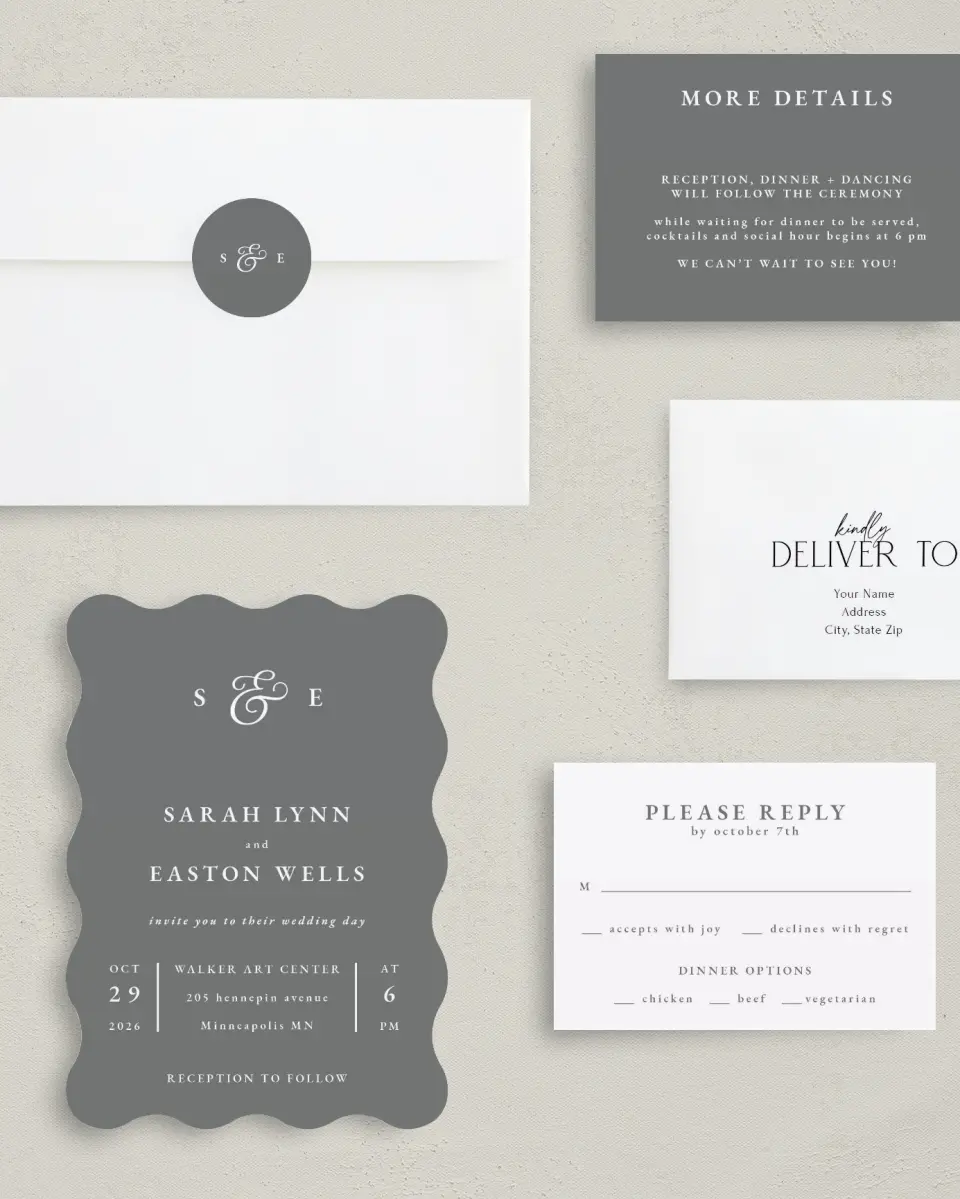 This is a 5" x 7" Wavy Wedding Invitation called Heavenly Harmony printed in full color on Premium Smooth paper