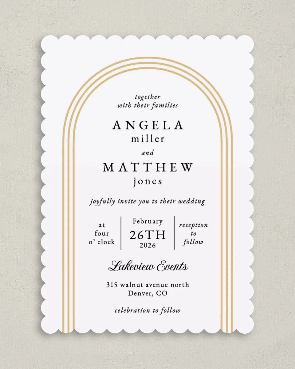 This is a 5" x 7" Classic Wedding Invitation called Charming Arch printed in full color on Premium Smooth paper