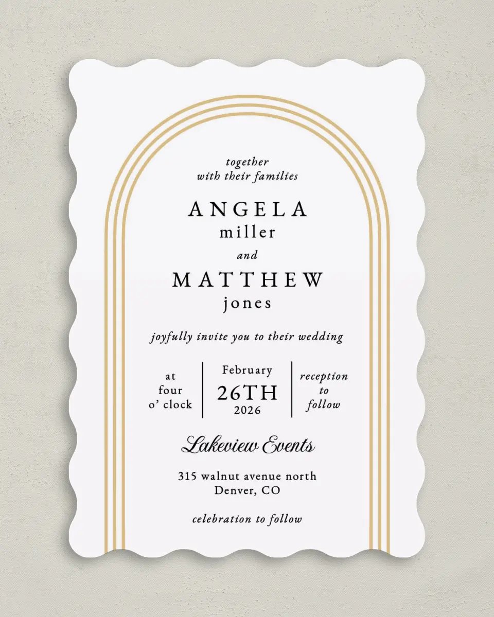 This is a 5" x 7" Wavy Wedding Invitation called Charming Arch printed in full color on Premium Smooth paper
