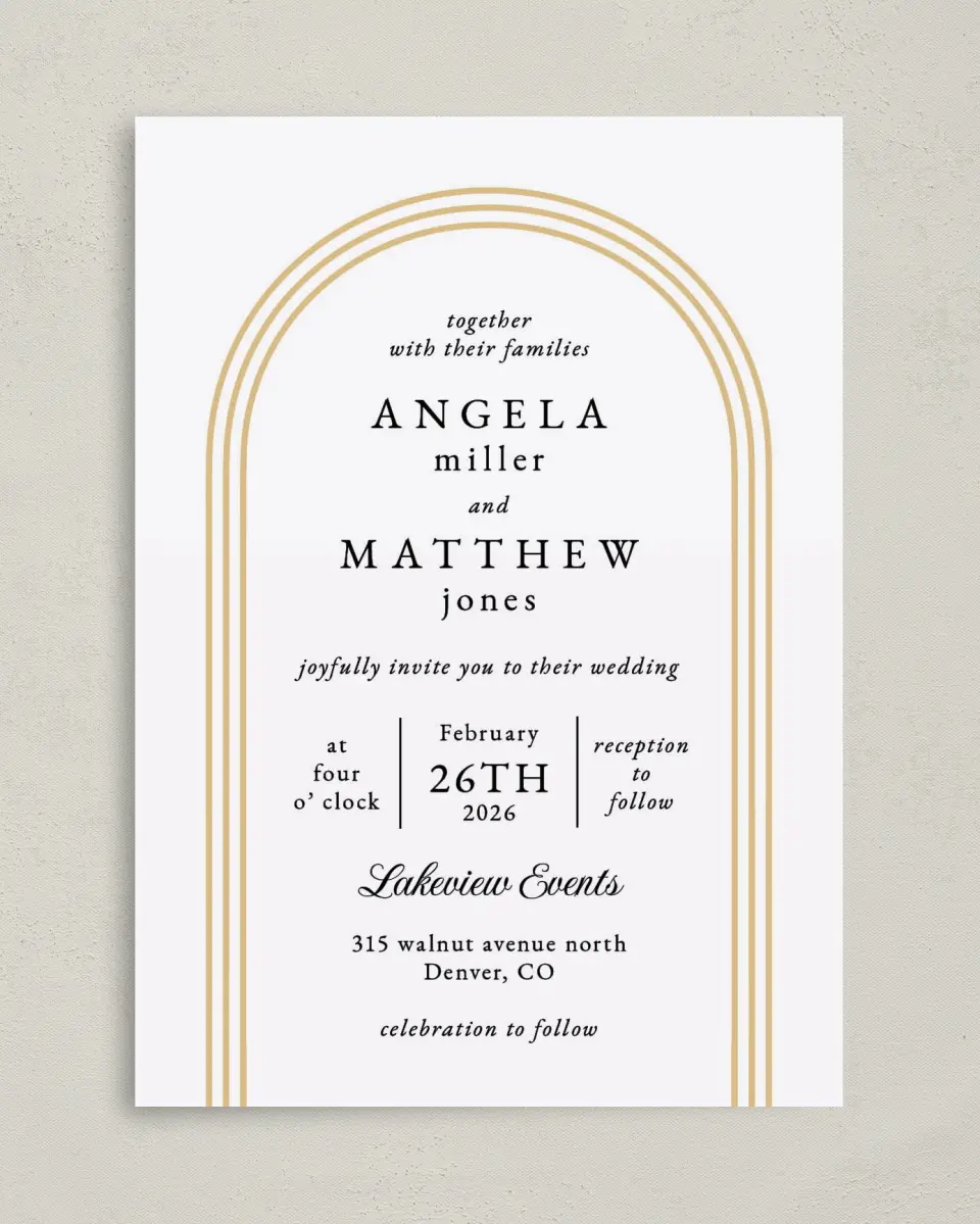 This is a 5" x 7" Classic Wedding Invitation called Charming Arch printed in full color on Premium Smooth paper