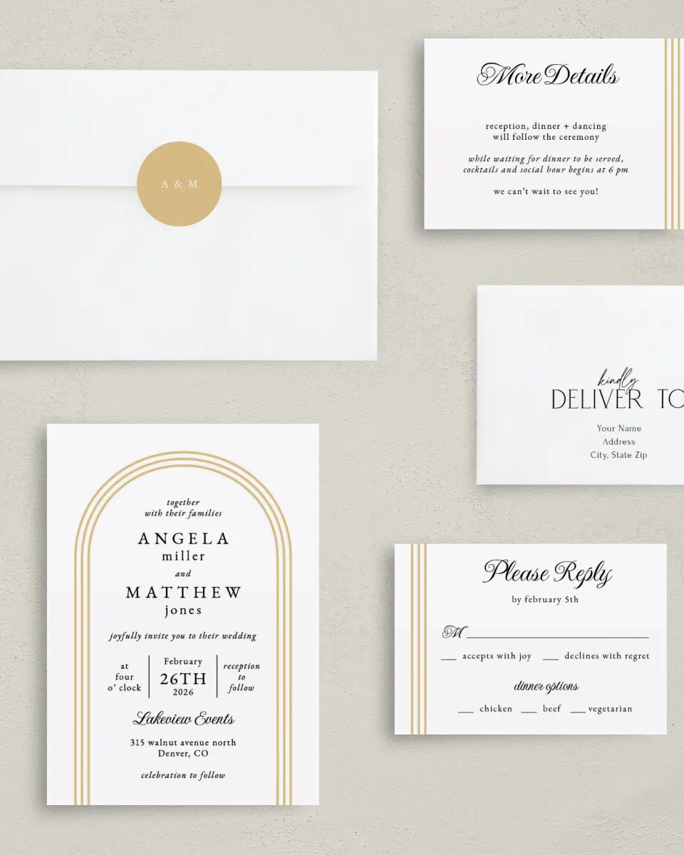 This is a 5" x 7" Classic Wedding Invitation called Charming Arch printed in full color with Silver foil on Luxe Satin (coated) paper