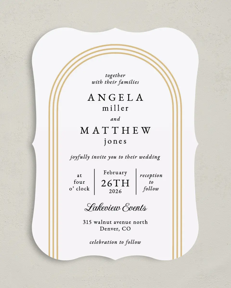 This is a 5" x 7" Bracket Wedding Invitation called Charming Arch printed in full color on Premium Smooth paper