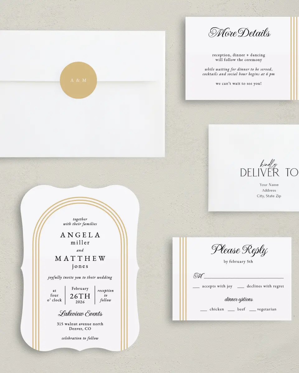 This is a 5" x 7" Bracket Wedding Invitation called Charming Arch printed in full color with Silver foil on Luxe Satin (coated) paper