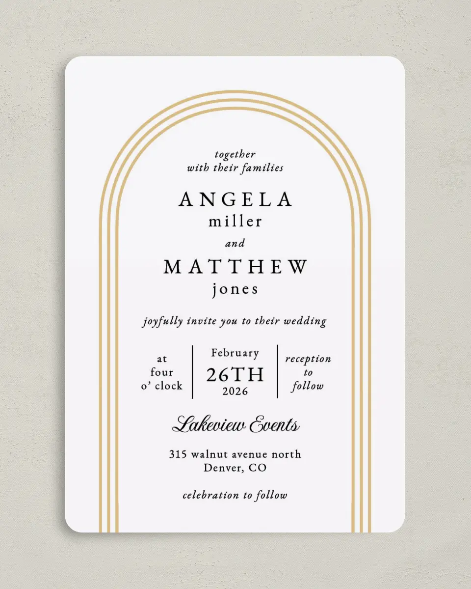 This is a 5" x 7" Rounded Wedding Invitation called Charming Arch printed in full color on Premium Smooth paper