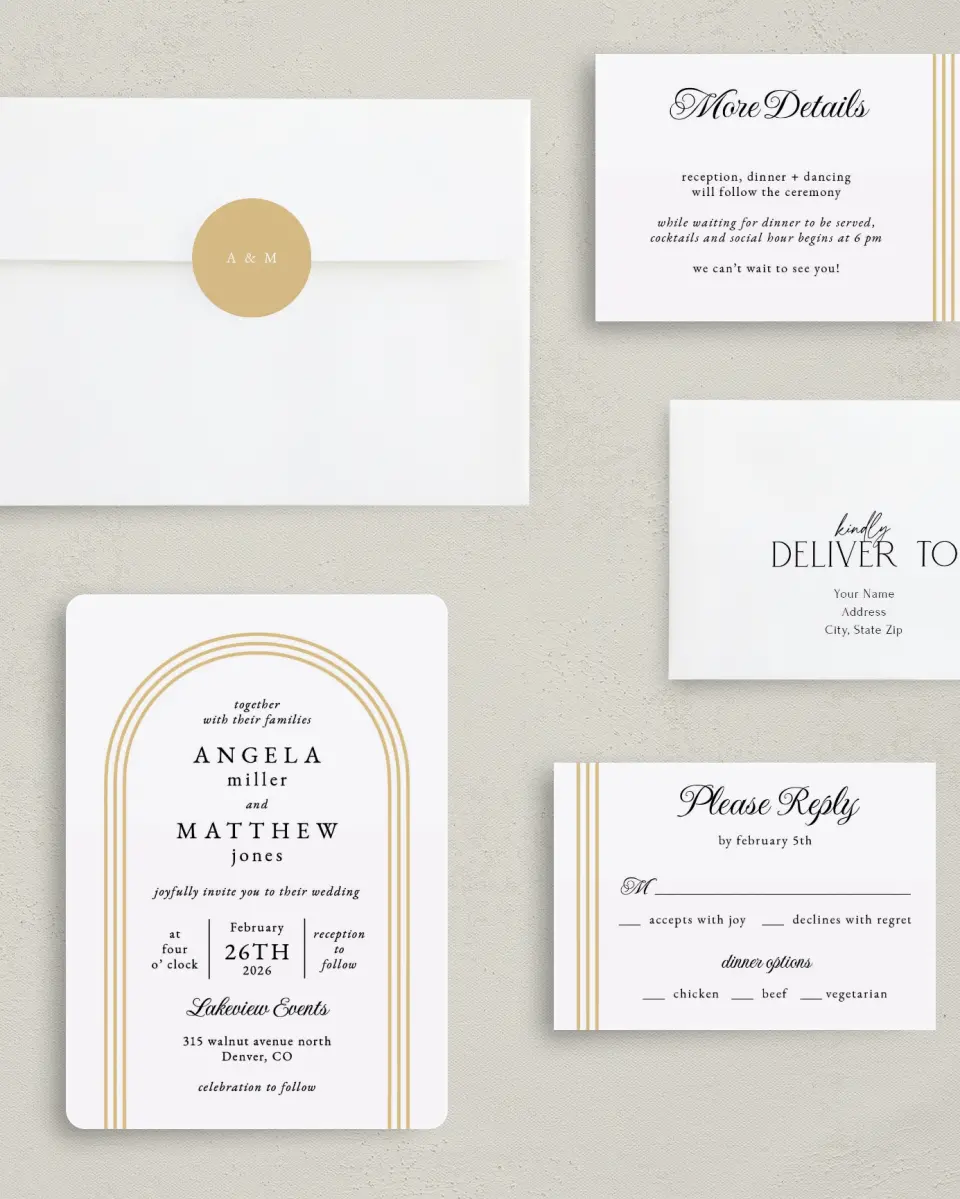 This is a 5" x 7" Rounded Wedding Invitation called Charming Arch printed in full color with Gold foil on Luxe Satin (coated) paper