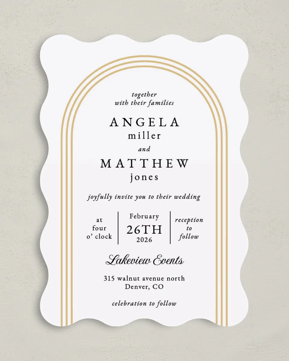 This is a 5" x 7" Wavy Wedding Invitation called Charming Arch printed in full color on Premium Smooth paper
