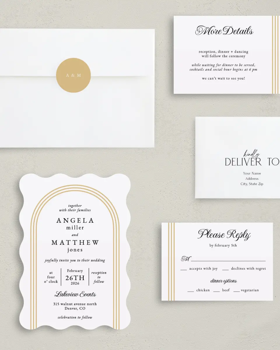 This is a 5" x 7" Wavy Wedding Invitation called Charming Arch printed in full color with Silver foil on Luxe Satin (coated) paper