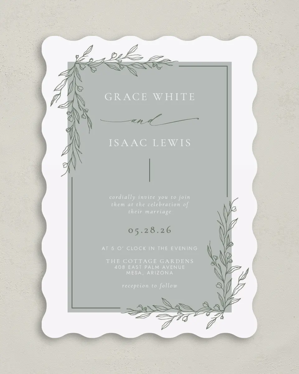This is a 5" x 7" Wavy Wedding Invitation called Sweet & Neat printed in full color on Premium Smooth paper