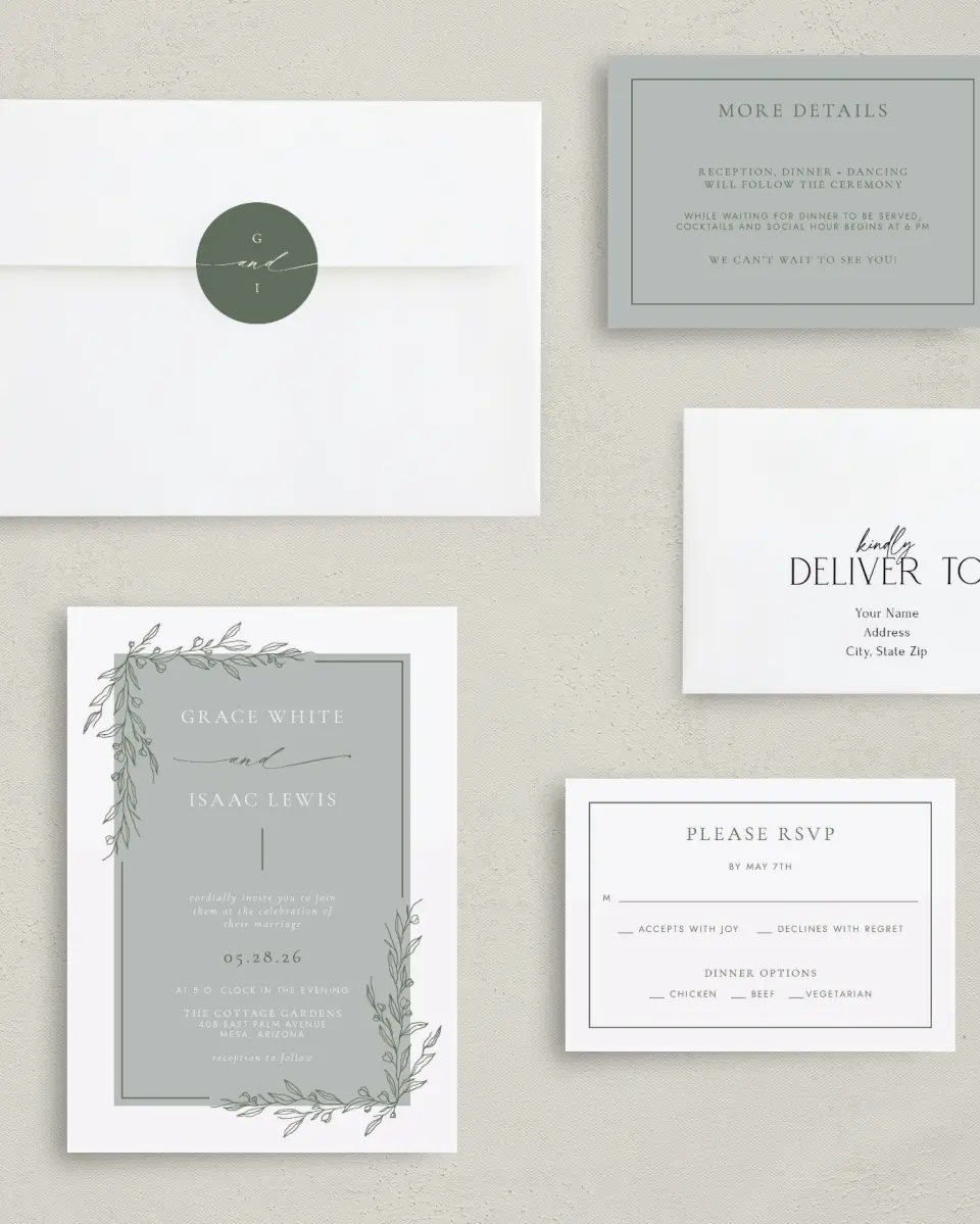 This is a 5" x 7" Classic Wedding Invitation called Sweet & Neat printed in full color with Silver foil on Luxe Satin (coated) paper