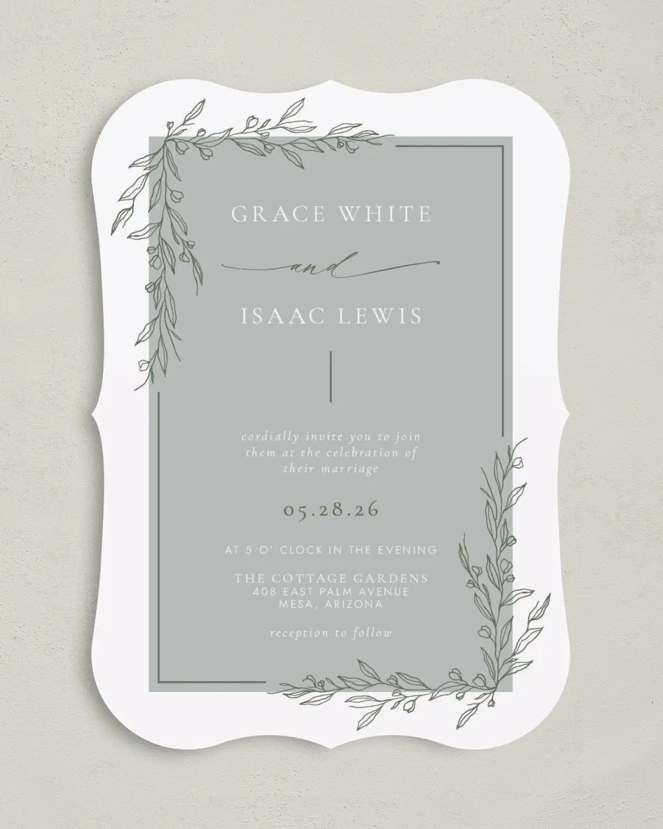 This is a 5" x 7" Bracket Wedding Invitation called Sweet & Neat printed in full color on Premium Smooth paper
