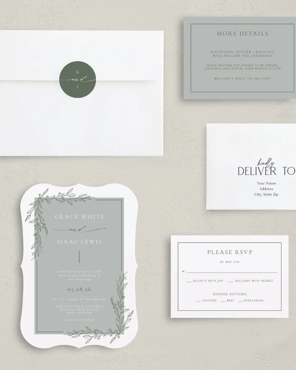 This is a 5" x 7" Bracket Wedding Invitation called Sweet & Neat printed in full color with Silver foil on Luxe Satin (coated) paper