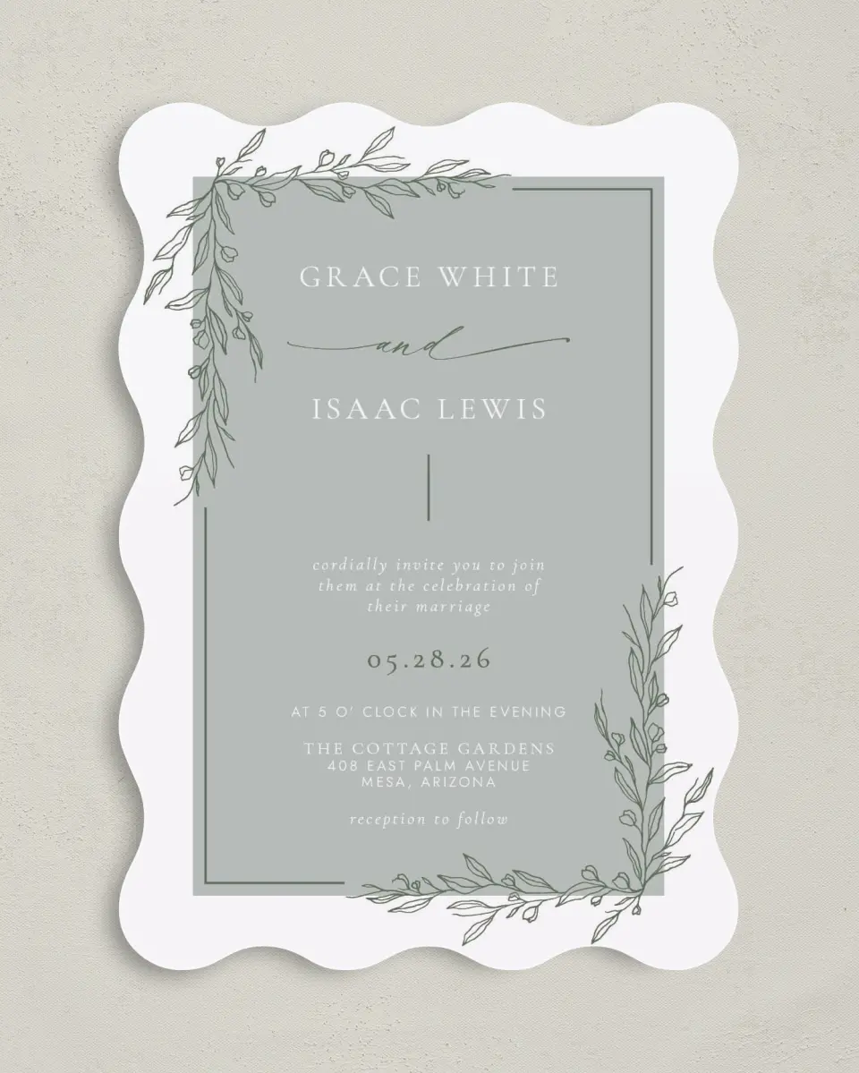 This is a 5" x 7" Wavy Wedding Invitation called Sweet & Neat printed in full color on Premium Smooth paper