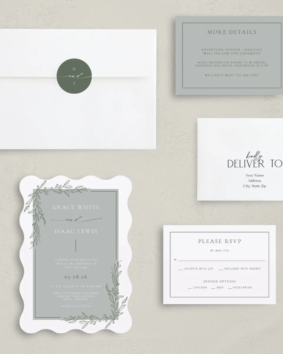 This is a 5" x 7" Wavy Wedding Invitation called Sweet & Neat printed in full color with Silver foil on Luxe Satin (coated) paper