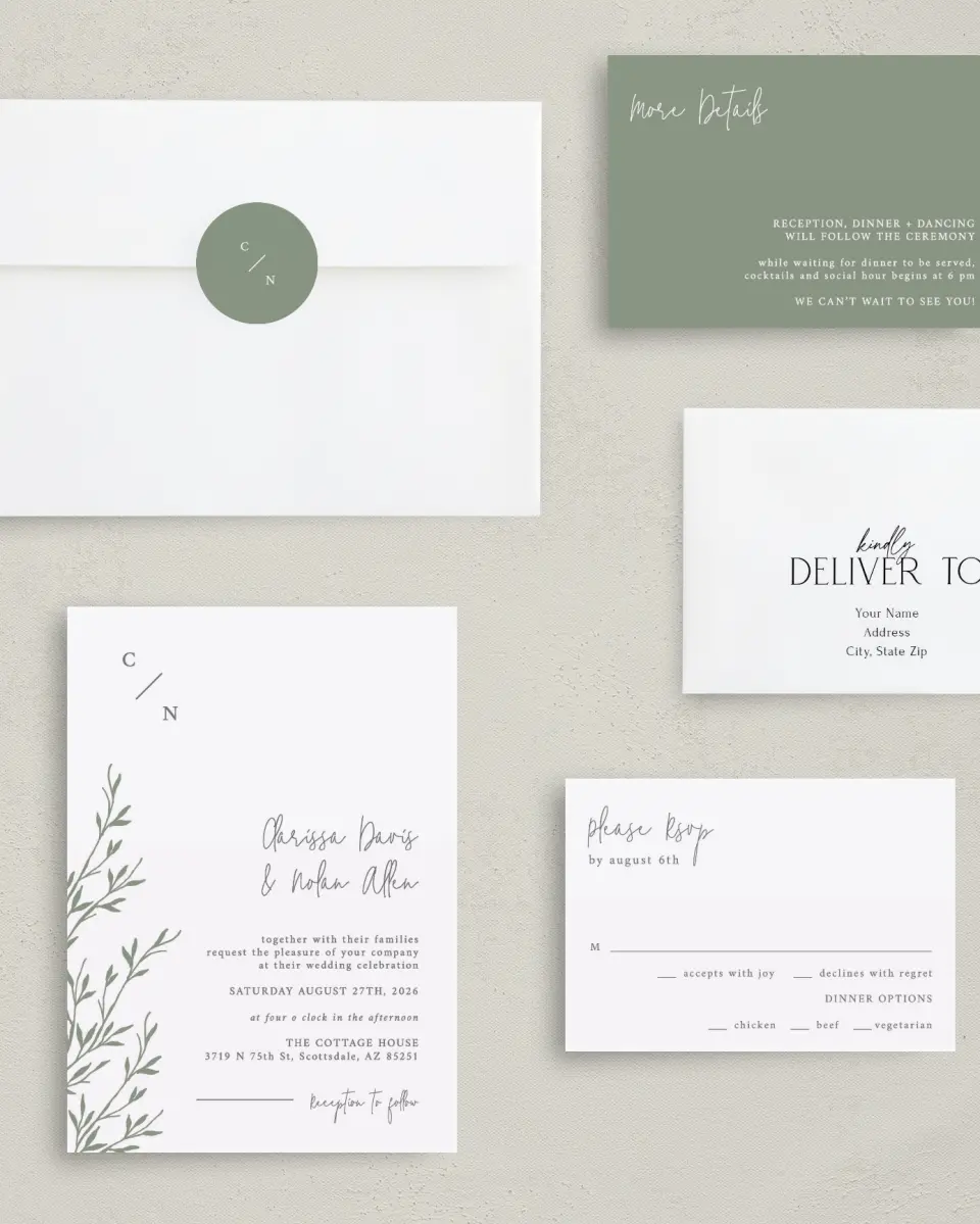 This is a 5" x 7" Classic Wedding Invitation called Bright Greens printed in full color with Rose Gold foil on Luxe Satin (coated) paper