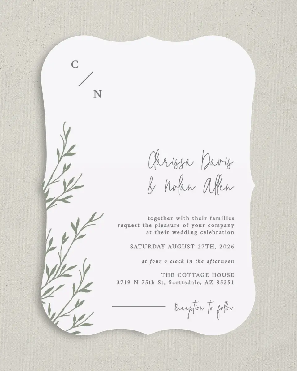 This is a 5" x 7" Bracket Wedding Invitation called Bright Greens printed in full color on Premium Smooth paper