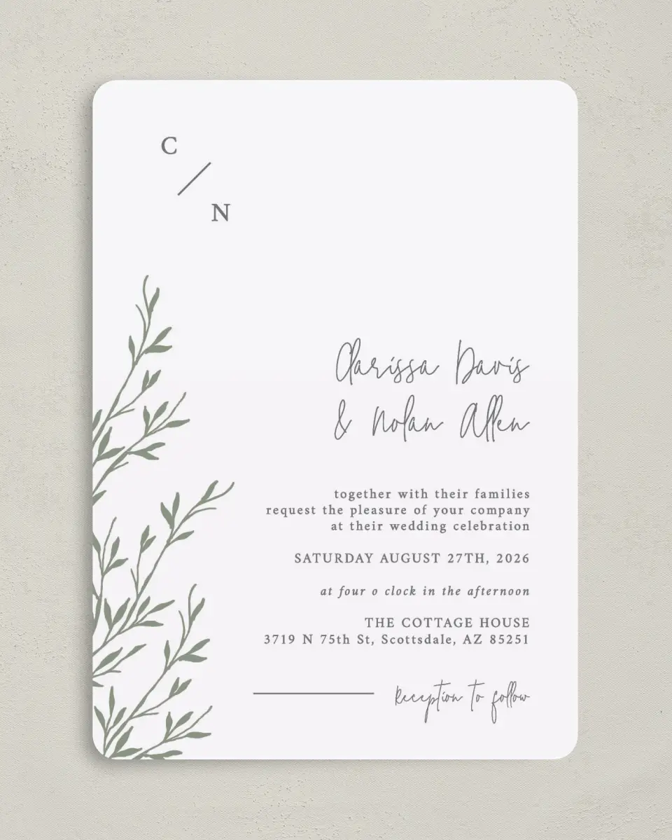 This is a 5" x 7" Rounded Wedding Invitation called Bright Greens printed in full color on Premium Smooth paper