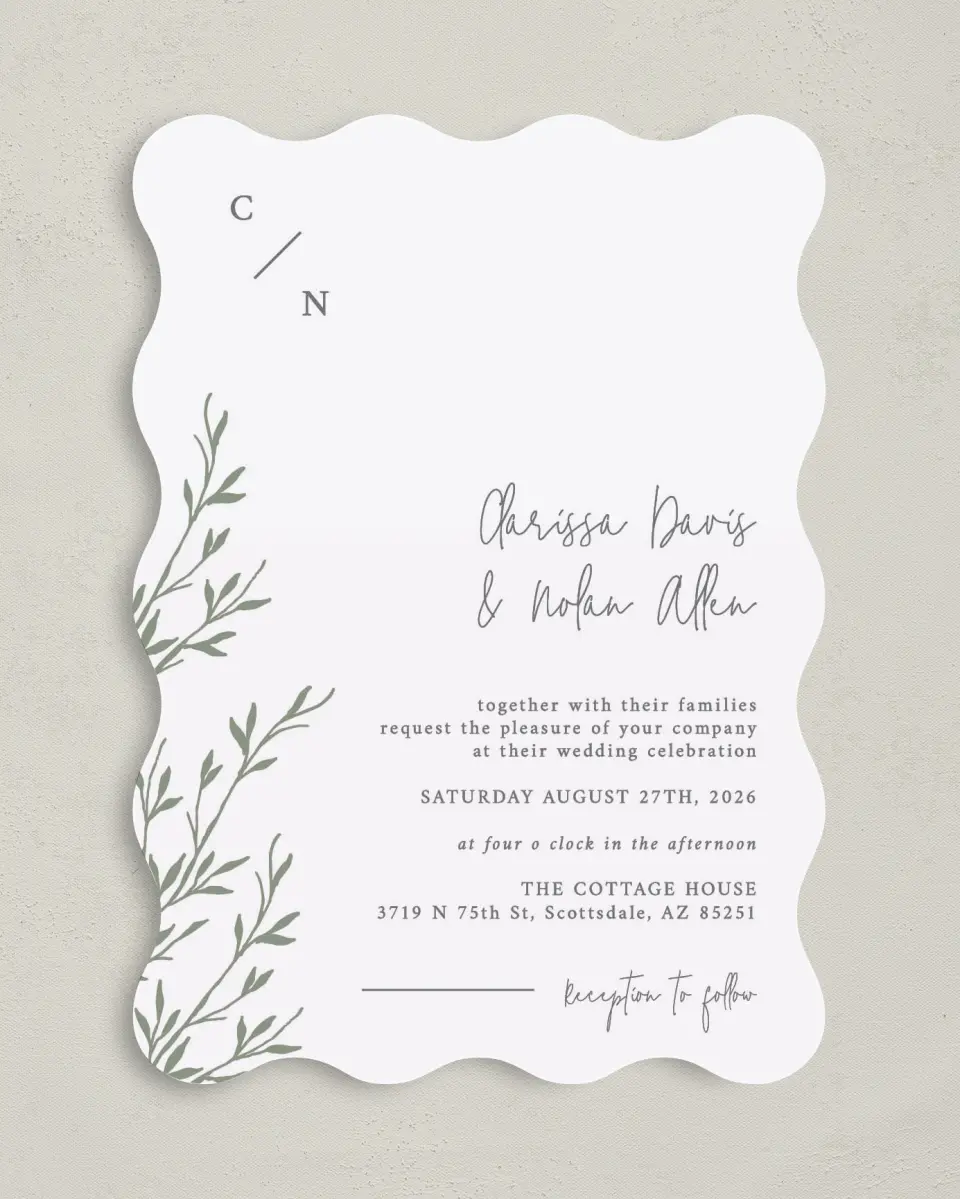 This is a 5" x 7" Wavy Wedding Invitation called Bright Greens printed in full color on Premium Smooth paper