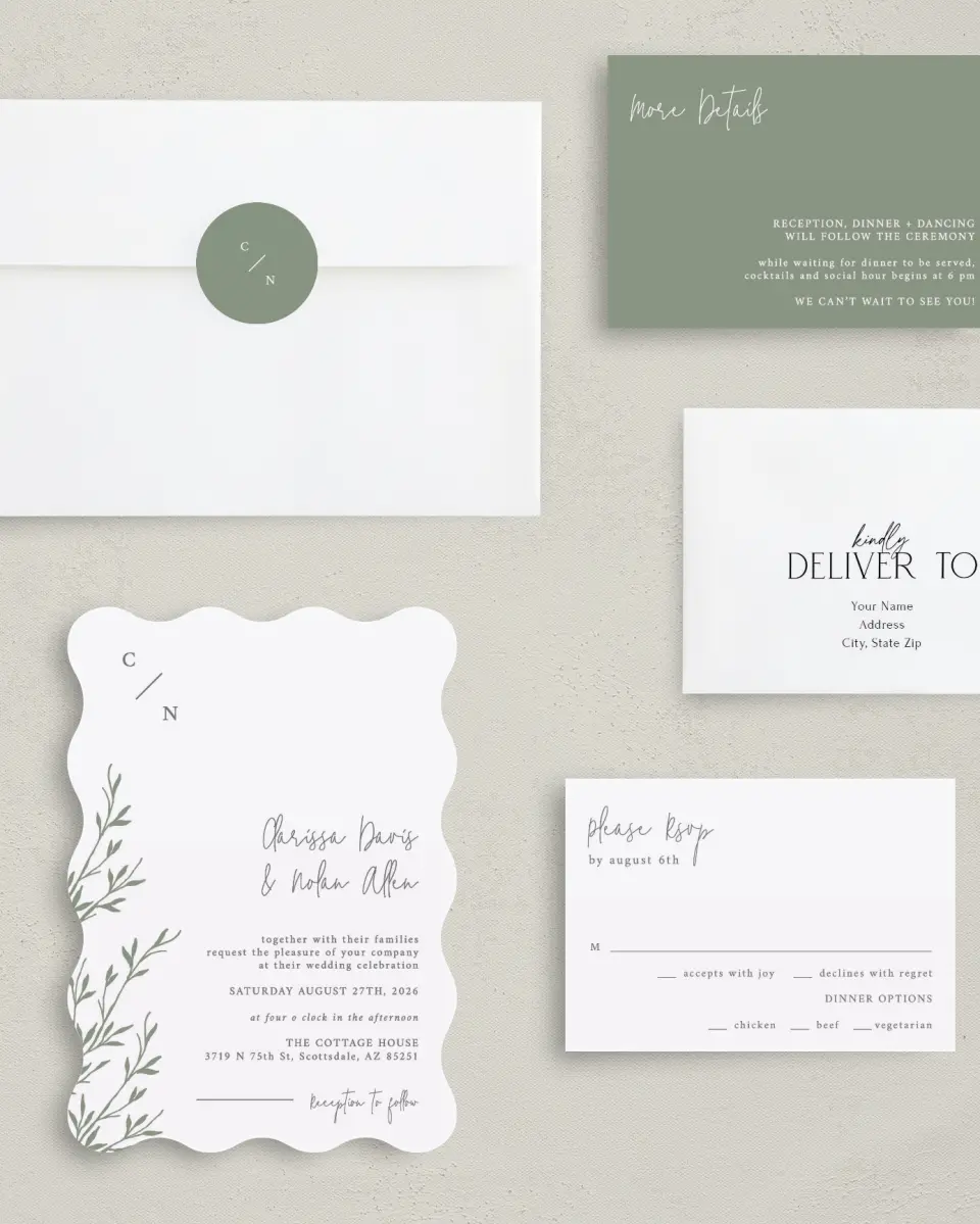 This is a 5" x 7" Wavy Wedding Invitation called Bright Greens printed in full color with Silver foil on Luxe Satin (coated) paper