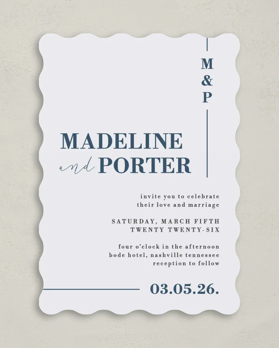 This is a 5" x 7" Wavy Wedding Invitation called For Eternity printed in full color on Premium Smooth paper