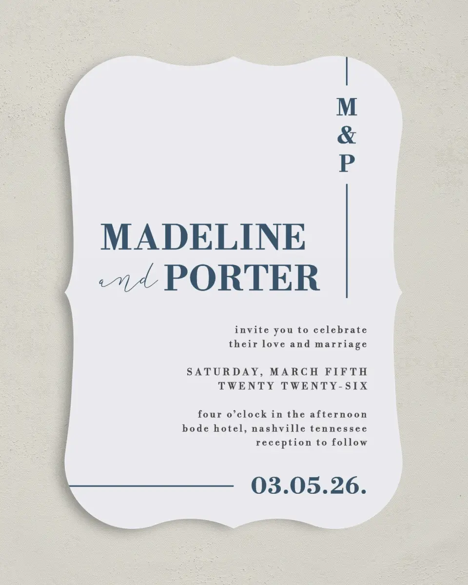 This is a 5" x 7" Bracket Wedding Invitation called For Eternity printed in full color on Premium Smooth paper