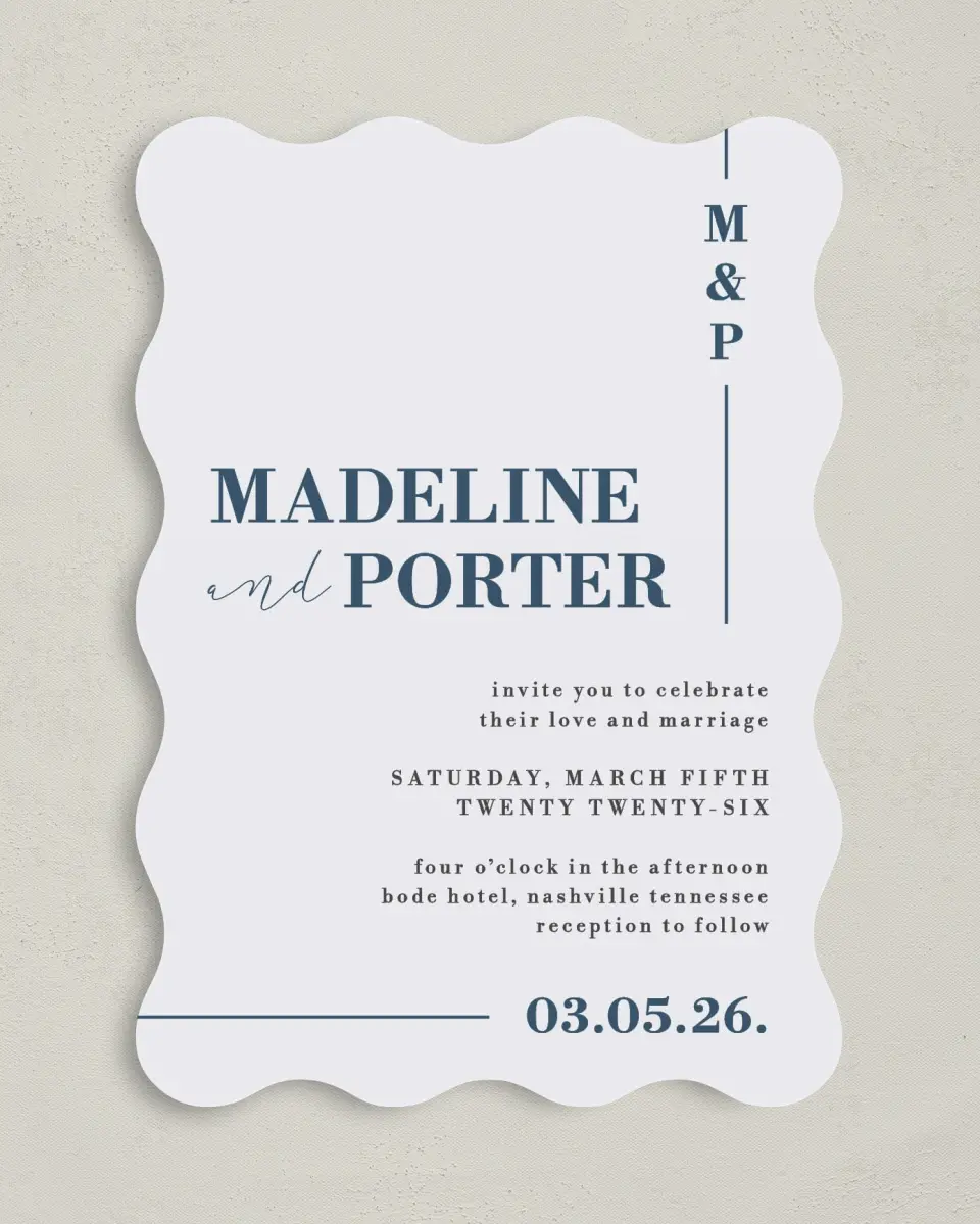 This is a 5" x 7" Wavy Wedding Invitation called For Eternity printed in full color on Premium Smooth paper