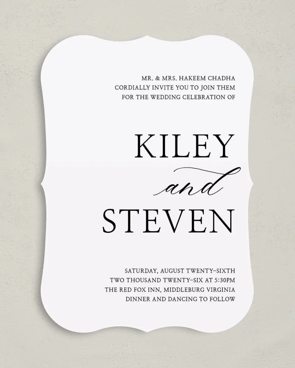This is a 5" x 7" Bracket Wedding Invitation called Bold Composition printed in full color on Premium Smooth paper