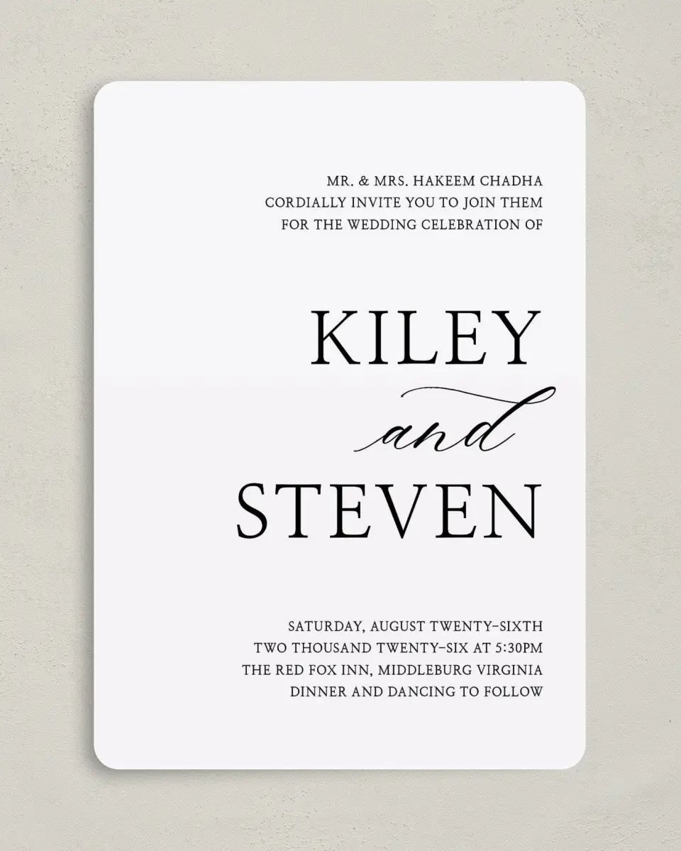 This is a 5" x 7" Rounded Wedding Invitation called Bold Composition printed in full color on Premium Smooth paper