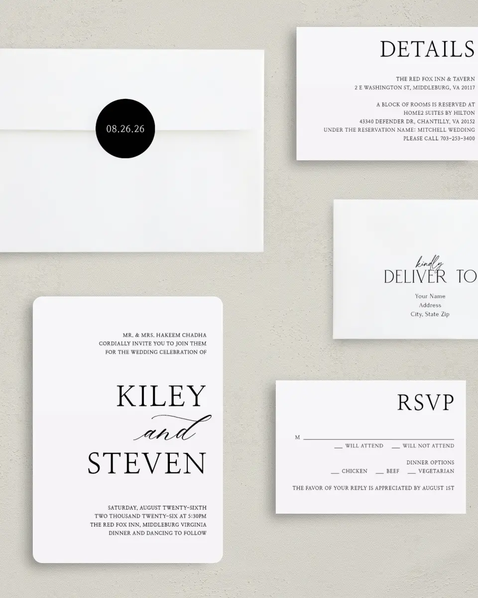 This is a 5" x 7" Rounded Wedding Invitation called Bold Composition printed in full color with Gold foil on Luxe Satin (coated) paper