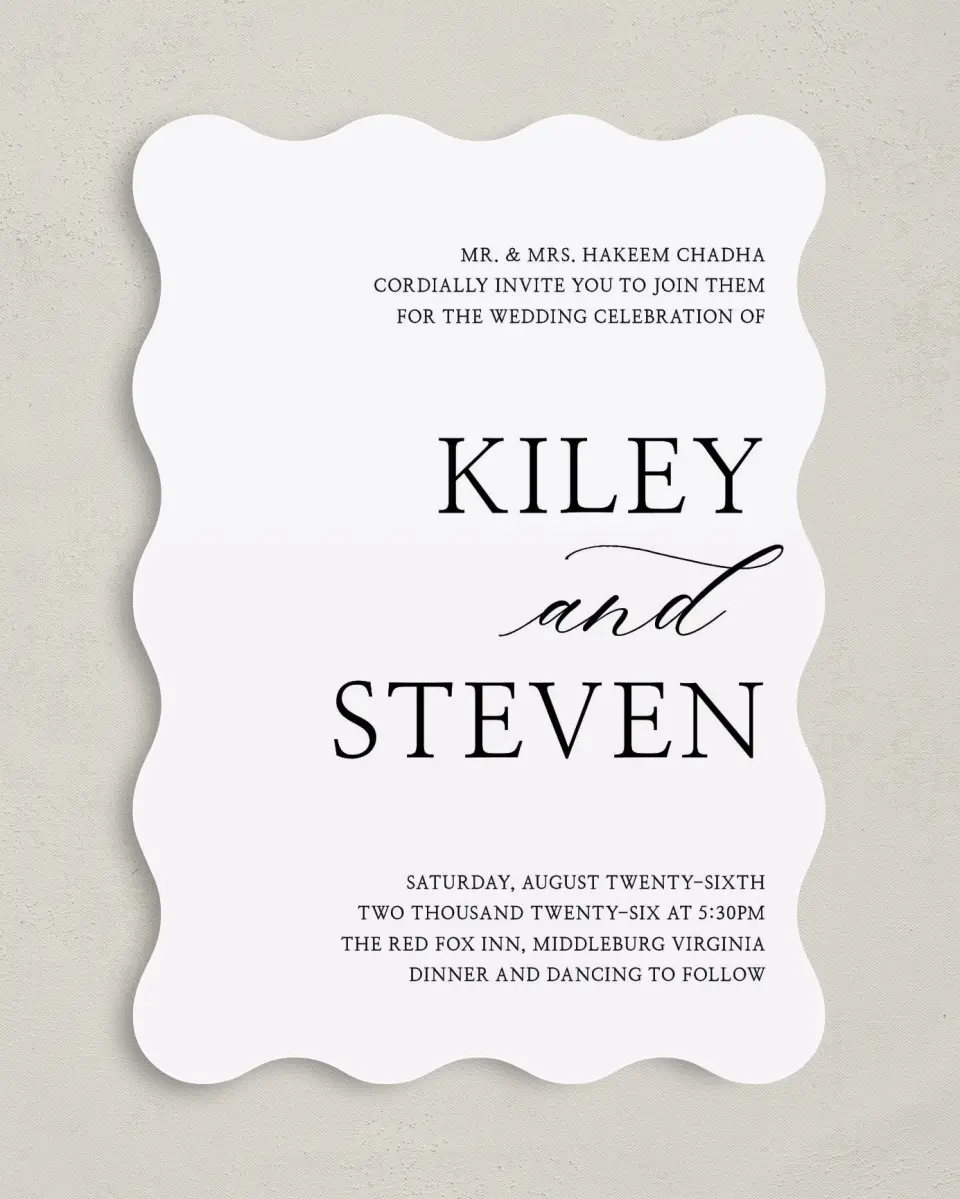 This is a 5" x 7" Wavy Wedding Invitation called Bold Composition printed in full color on Premium Smooth paper