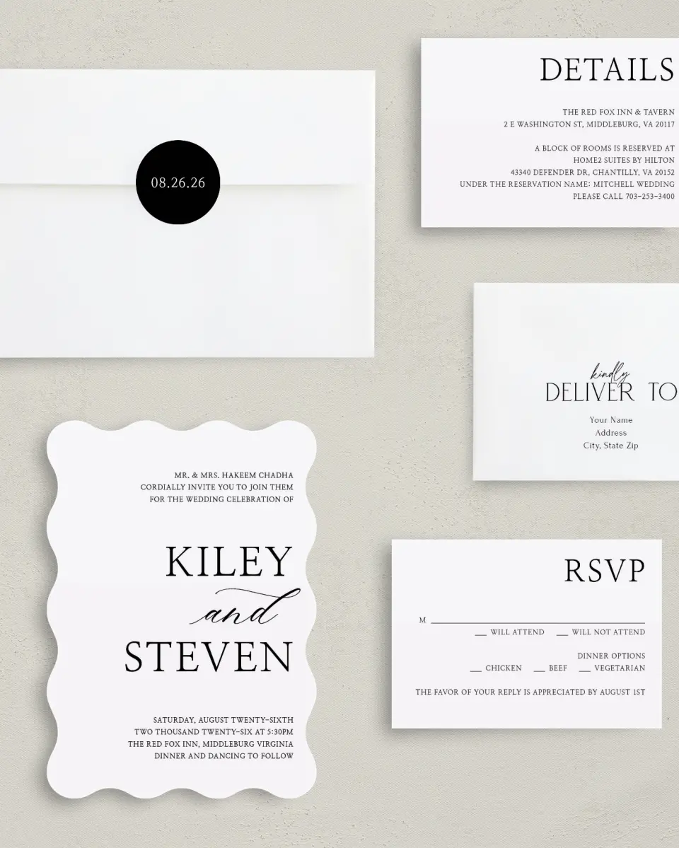 This is a 5" x 7" Wavy Wedding Invitation called Bold Composition printed in full color with Silver foil on Luxe Satin (coated) paper