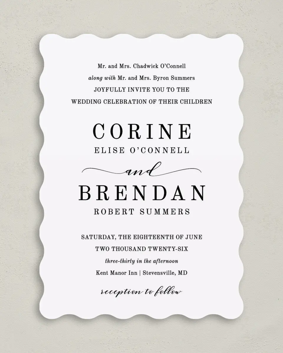 This is a 5" x 7" Wavy Wedding Invitation called Classy Type printed in full color on Premium Smooth paper
