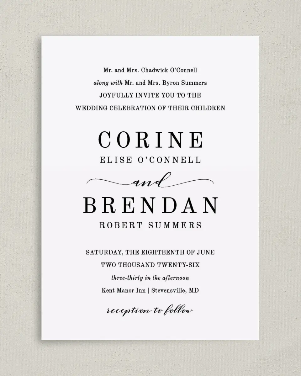 This is a 5" x 7" Classic Wedding Invitation called Classy Type printed in full color on Premium Smooth paper