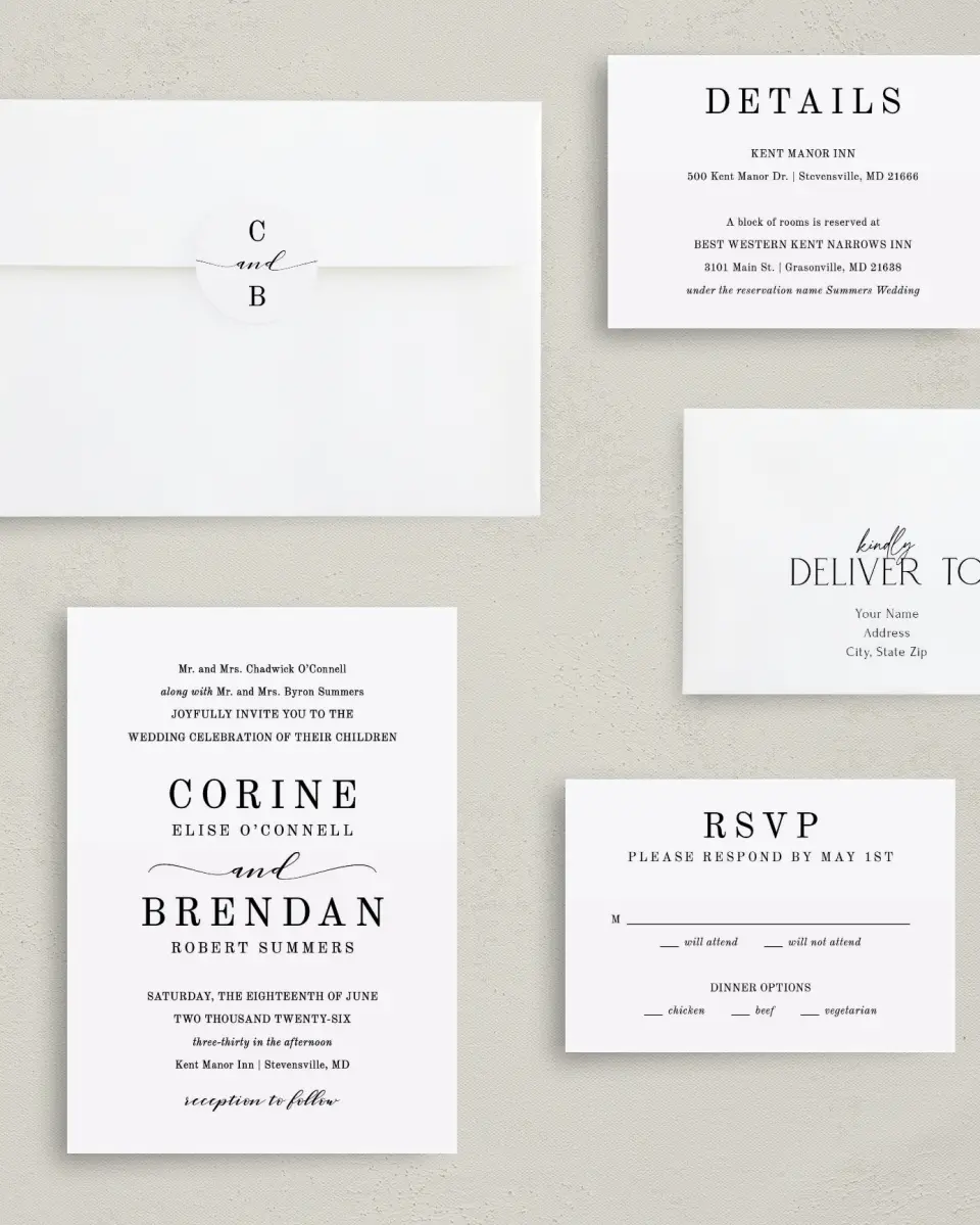 This is a 5" x 7" Classic Wedding Invitation called Classy Type printed in full color with Silver foil on Luxe Satin (coated) paper