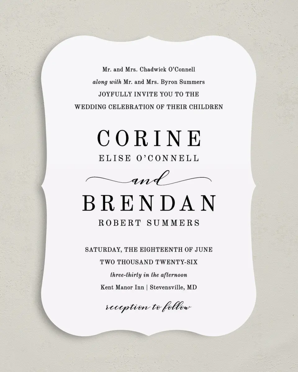 This is a 5" x 7" Bracket Wedding Invitation called Classy Type printed in full color on Premium Smooth paper