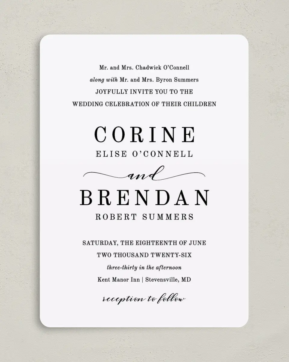 This is a 5" x 7" Rounded Wedding Invitation called Classy Type printed in full color on Premium Smooth paper